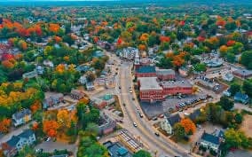 Aerial Autumn Commercial Crossroads Strip Plaza in Dracut, MA