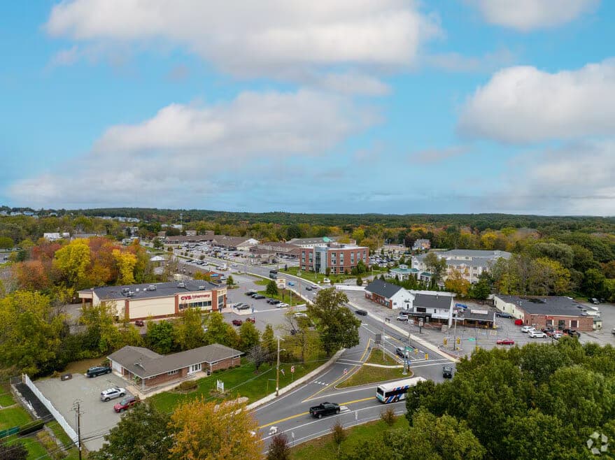 Aerial Autumn Retail Intersection Red Plaza in Dracut, MA