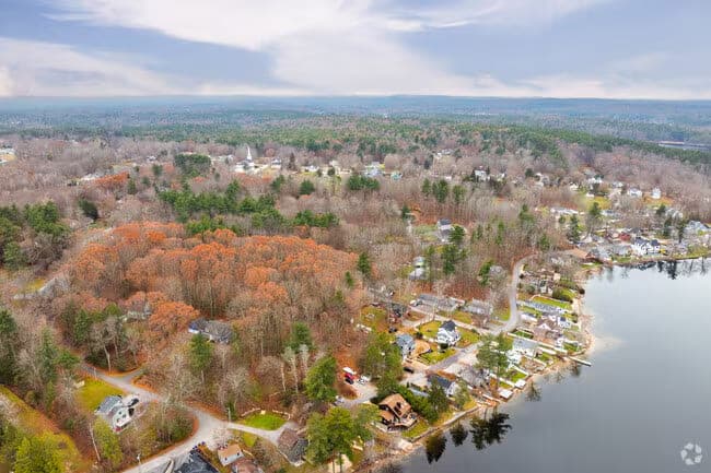 Aerial Lakeside Neighborhood Autumn Trees in Hampstead, NH