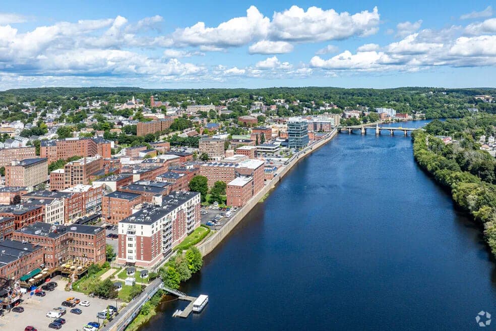 Aerial Summer Downtown Waterfront Merrimack River in Haverhill, MA