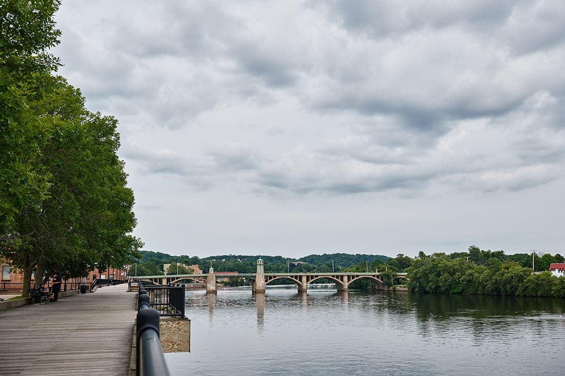 Merrimack River waterfront with a working downtown on the north bank in Haverhill, MA