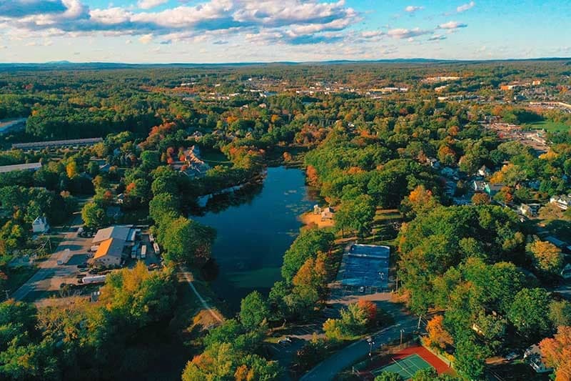 Aerial Autumn Pond Residential Neighborhood in Londonderry, NH