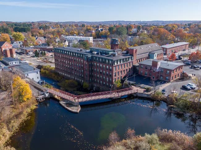 Aerial Autumn Red Brick Mill River Dam in Methuen, MA