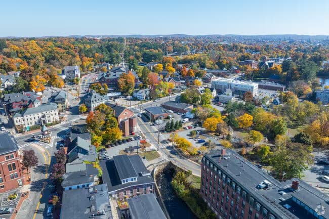 Aerial Autumn Town Center Fall Foliage Rooftops in Methuen, MA