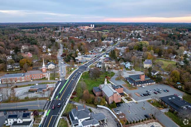 Aerial Autumn Commercial Intersection Rooftops in Tewksbury, MA