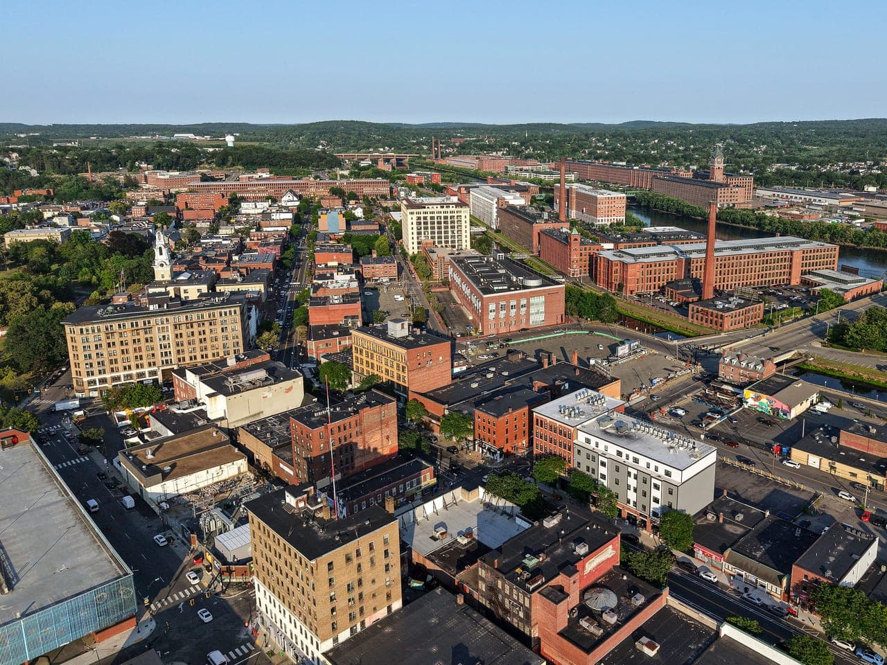 Downtown Lawrence and the mills from above