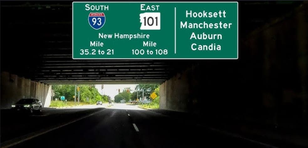 I-93 South to Boston in roughly 50 minutes off-peak in Manchester, NH