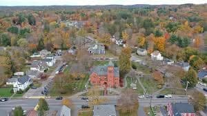 Aerial Brick Town Hall Autumn Foliage in Plaistow, NH